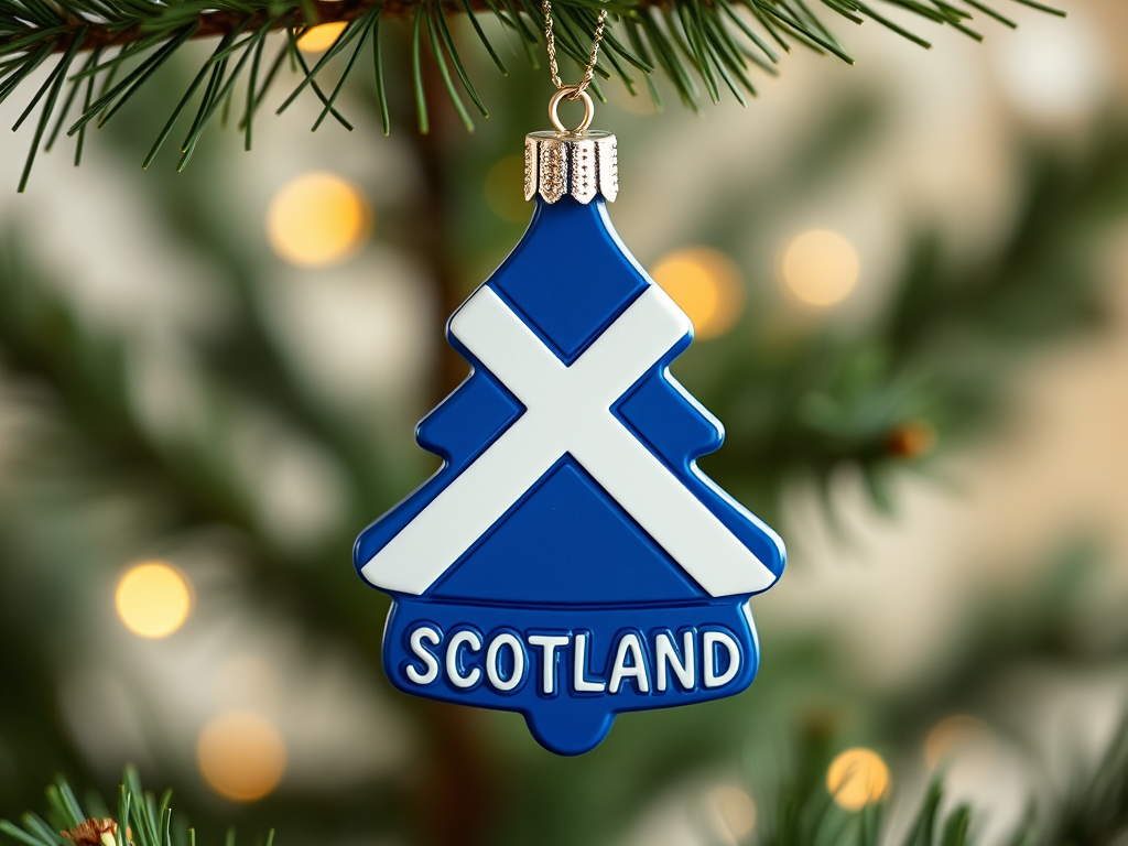Create an image of a blue and white Christmas tree ornament in the shape of a Scots pine with a white diagonal cross (St. Andrew's cross) on the top half and the word "SCOTLAND" in bold letters at the bottom, shot with a Canon EOS R5, 50mm lens, f/2.8 aperture, ISO 100, natural light, and a shallow depth of field to enhance the focus on the ornament against a blurred background.