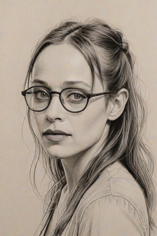 Sublime Fiona Apple, pencil sketch, portrait of Magnificent woman 1928s in glasses, hair style beatnik, outline, clear lines, fine lines, 8k