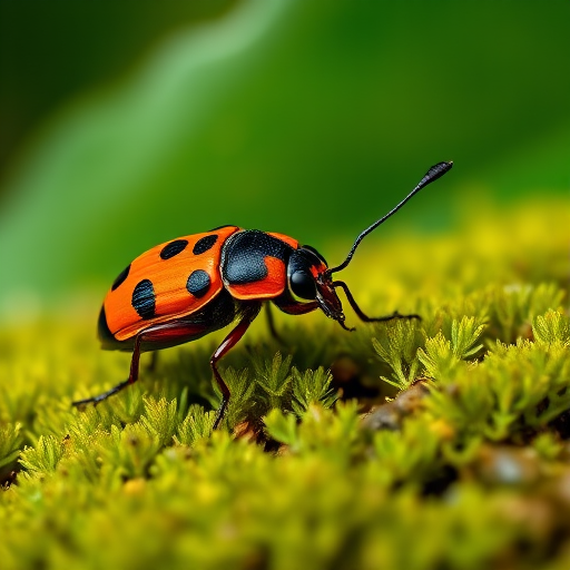 close-up of an orange and black bug on green moss with a blurred leaf in the background, macro lens, f/2.8 aperture, 100mm focal length, ISO 100, natural light, DSLR camera