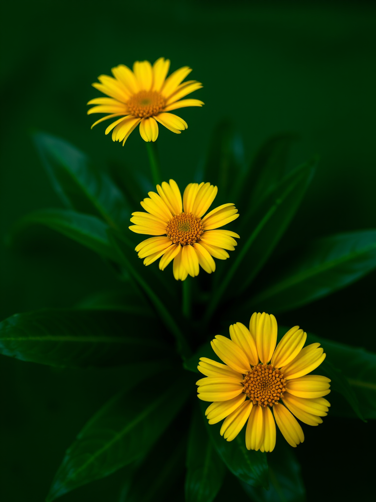 Create an image of three stylized yellow flowers surrounded by dark green leaves on a deep green background using a DSLR camera with a 50mm lens, aperture set to f/2.8, ISO 100, and a soft focus style to enhance colors and details.