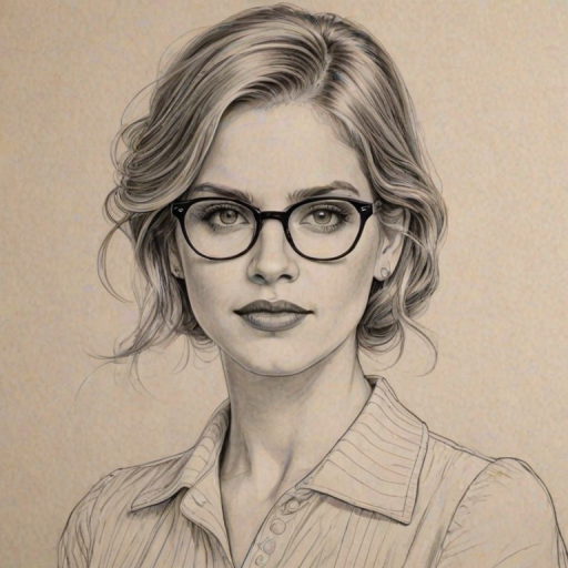 Graceful Anna Chlumsky, pencil sketch, portrait of Wonderful woman 1934s in glasses, hair style beatnik, outline, clear lines, fine lines, 8k