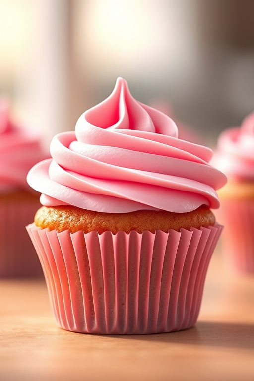 Create a highly detailed illustration of a cupcake with pink swirled frosting, soft lighting, shallow depth of field, captured with a DSLR camera at f/2.8, 50mm lens, high-resolution settings.