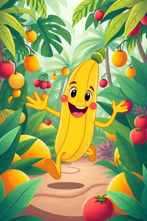 Create a vibrant cartoon-style illustration of a cheerful banana character running through a tropical jungle filled with colorful fruits, using a Canon EOS R5 camera with a 50mm lens at f/1.8, ISO 200, and a shutter speed of 1/500s, in a bright and whimsical style.