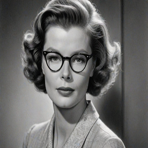 Magnificent Katharine Hepburn, pencil sketch, portrait of Bewitching woman 1933s in glasses, hair style beatnik, outline, clear lines, fine lines, 8k
