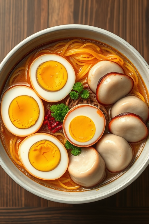 Regenerate an image of a bowl of ramen with three soft-boiled eggs, two slices of chicken, and dumplings on a bed of yellow noodles, using a DSLR camera with a 50mm lens at f/1.8, ISO 100, 1/200 sec, top-down view, in high-resolution digital illustration style.