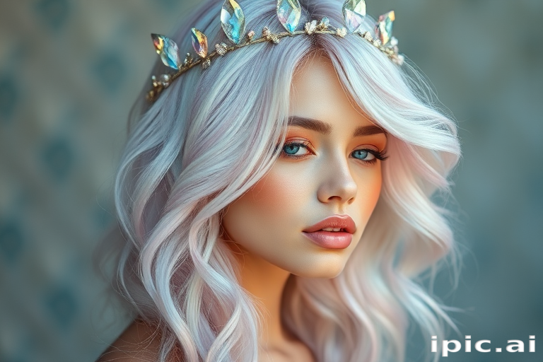 Ethereal opal hair featuring a blend of iridescent pastel hues that shift and change in different lighting, styled in loose waves with a crown of delicate crystals, embodying otherworldly beauty named Prismatic Aura
