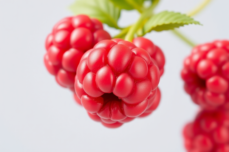 create a 3D rendering of a cluster of shiny red raspberries, emphasizing their round shape and vibrant color with a smooth texture and detailed lighting effects