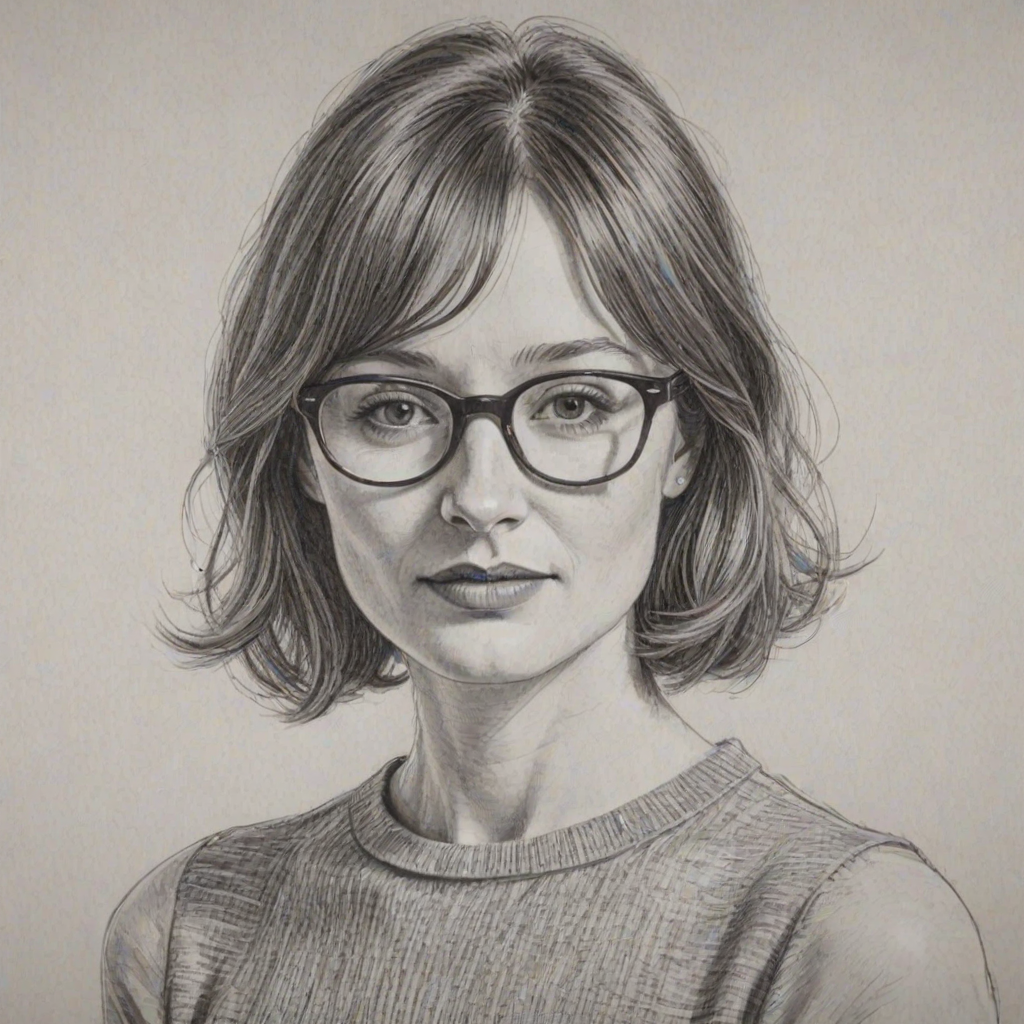 Radiant Emily Mortimer, pencil sketch, portrait of Enticing woman 1961s in glasses, hair style beatnik, outline, clear lines, fine lines, 8k