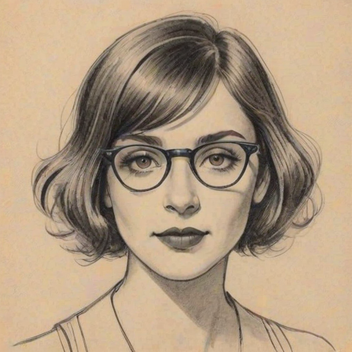 Captivating Maddie Baillio, pencil sketch, portrait of Attractive woman 1924s in glasses, hair style beatnik, outline, clear lines, fine lines, 8k