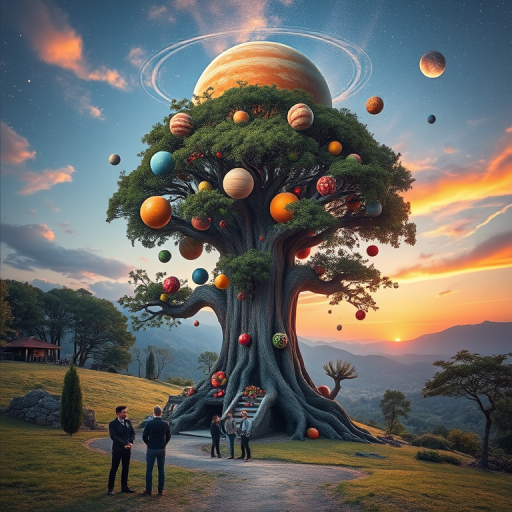 Create a surreal landscape featuring a giant tree adorned with various planets and fruits, people admiring it in a cosmic setting, shot with a Canon EOS R5, 24mm f/1.4 lens, aperture f/2.8, ISO 400, at sunset with a soft focus effect to enhance colors and depth.