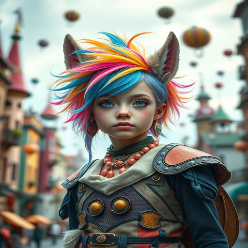 Create a vibrant portrait of a fantasy character with colorful hair and animal features, set in a whimsical cityscape, using a Canon EOS R5, 50mm lens, f/1.8 aperture, ISO 100, and soft focus effect to enhance depth and detail.