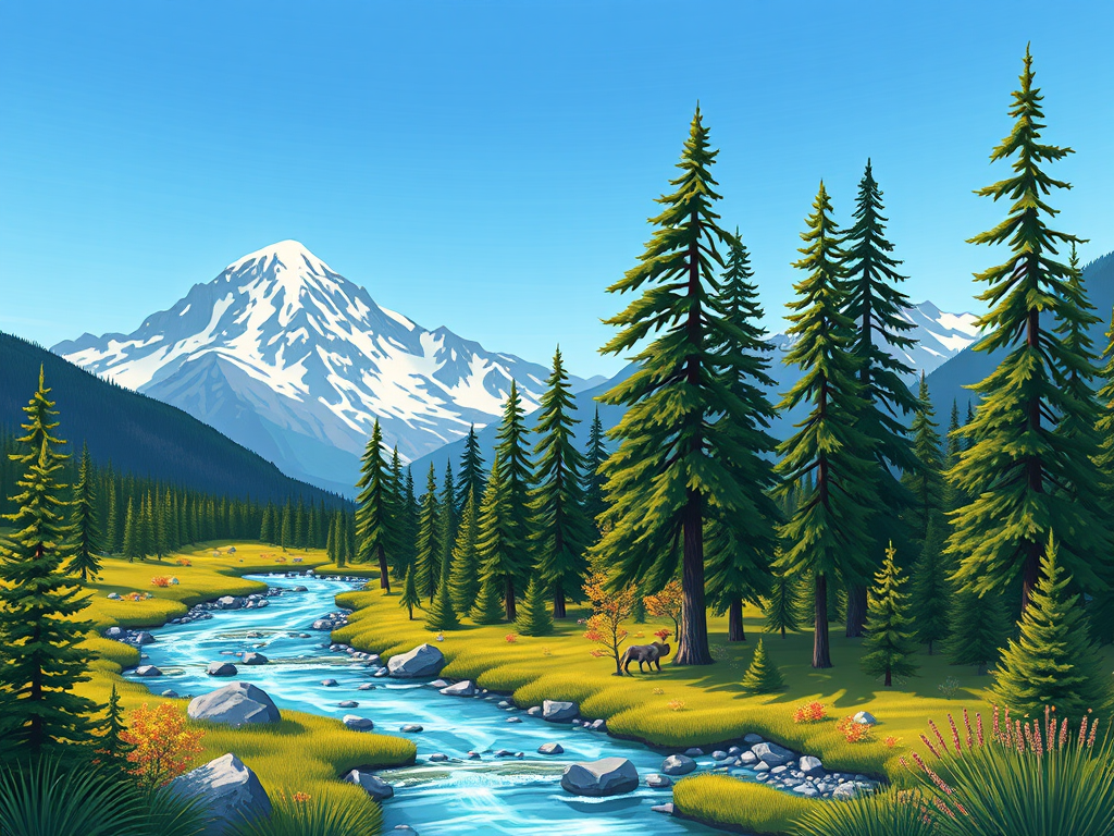 create a vibrant illustration of a scenic mountain landscape featuring a winding river, tall pine trees, and snow-capped peaks under a clear blue sky, captured with a Canon EOS R5 at f/8, ISO 100, 24mm lens, with a focus on natural colors and high detail in the foreground and background.