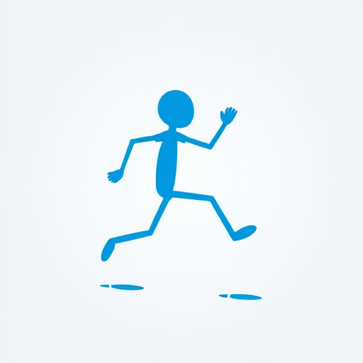 Create a vibrant and dynamic illustration of a blue stick figure in motion, using a high-resolution digital art style, with a 50mm lens, f/2.8 aperture, ISO 100, and a soft-focus background to enhance the clarity and color of the figure.