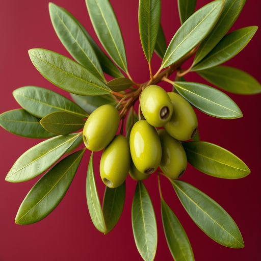 generate a high-resolution digital illustration of a branch of green olives with rich green leaves on a maroon background, using a Canon EOS R5 with a 50mm f/1.2 lens, aperture set to f/4, ISO 100, shot from a slightly elevated angle for depth and focus.
