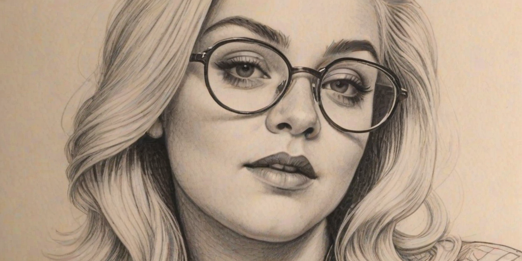 Bewitching Elle King, pencil sketch, portrait of Enticing woman 1946s in glasses, hair style beatnik, outline, clear lines, fine lines, 8k