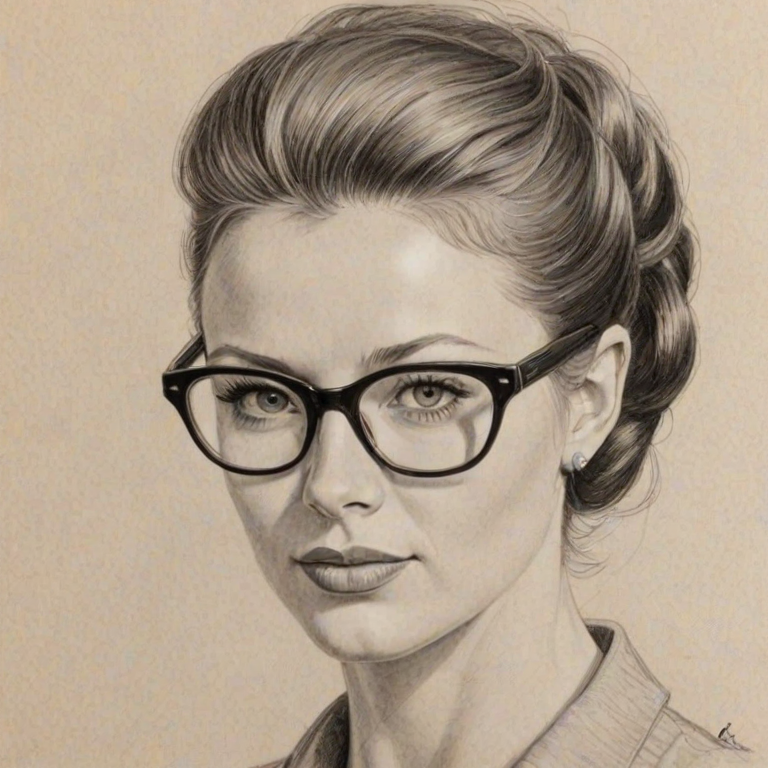 Enchanting Rachel Nichols, pencil sketch, portrait of Appealing woman 1957s in glasses, hair style beatnik, outline, clear lines, fine lines, 8k