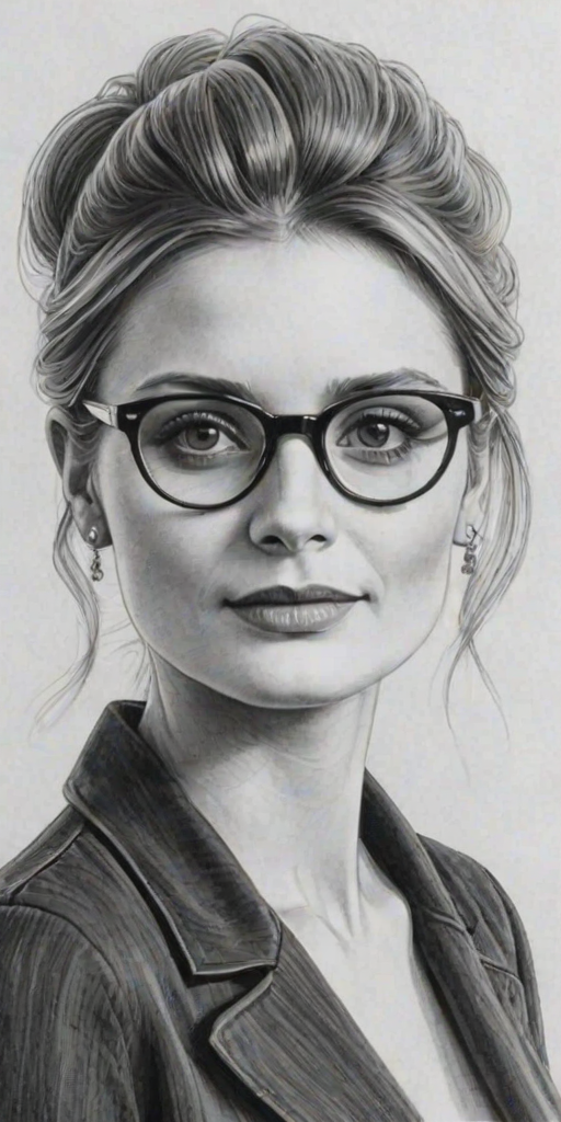 Bewitching Mischa Barton, pencil sketch, portrait of Radiant woman 1950s in glasses, hair style beatnik, outline, clear lines, fine lines, 8k