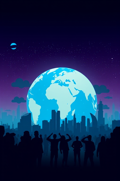 Create a high-resolution digital illustration of a stylized globe surrounded by silhouettes of people and skyscrapers, using a Canon EOS R5 with a 24mm f/1.4 lens at ISO 100, f/11, and a focal length of 24mm, in a vibrant color palette with sharp details and dynamic composition.