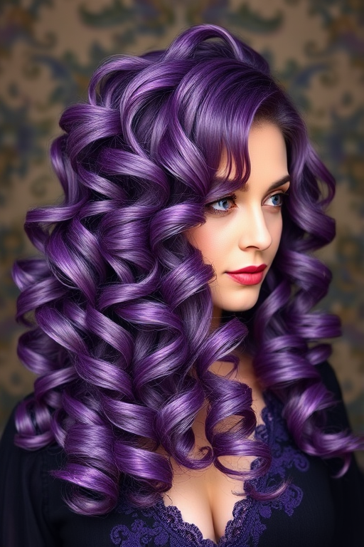 Regal Amethyst Baroque Curls boasting a deep purple base with lighter lavender highlights styled into voluminous bouncy curls reminiscent of 18th-century European nobility