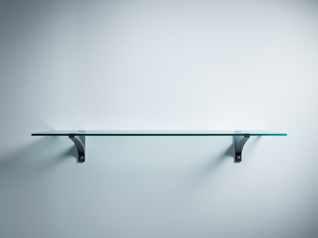 A sleek glass shelf with modern metal brackets, captured in a studio setting using a DSLR camera, 50mm lens, f/2.8 aperture, ISO 100, softbox lighting for even illumination, high dynamic range to enhance reflections and transparency.