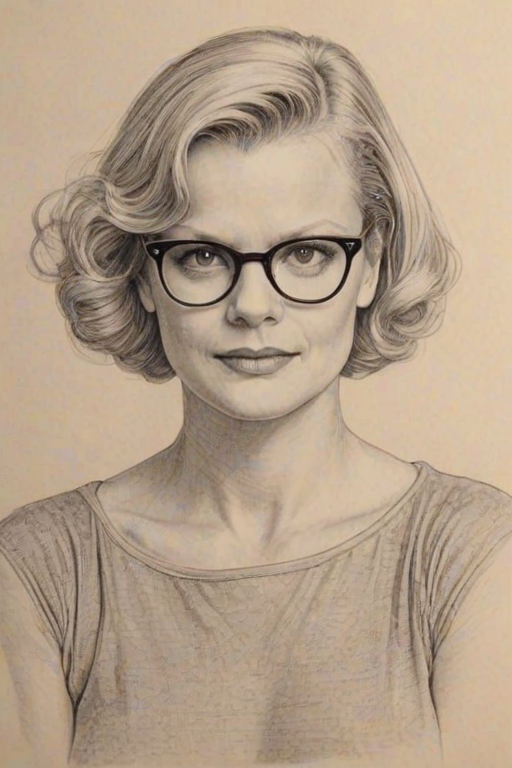 Dazzling Martha Plimpton, pencil sketch, portrait of Enchanting woman 1933s in glasses, hair style beatnik, outline, clear lines, fine lines, 8k