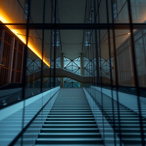 Capture a modern building's staircase reflected in glass windows with a focus on geometric patterns, use a Canon EOS R5, ISO 100, f/8, 1/200s, shot from a low angle with a wide-angle lens, emphasizing clarity and detail.