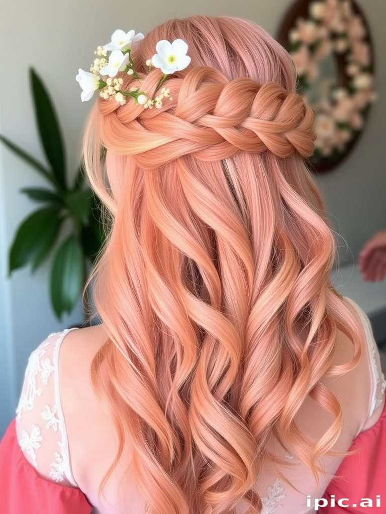 Soft peach to coral gradient named "Sunset Haze" styled in loose, romantic curls with a braided crown and delicate floral accents woven throughout