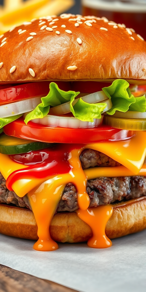 High-resolution, close-up image of a gourmet double cheeseburger. The burger features a glossy, sesame-seed-topped brioche bun. Inside, there are two thick, juicy beef patties, each topped with melted cheddar cheese. The burger is garnished with fresh lettuce, tomato slices, diced onions, and pickles. A generous amount of ketchup and a creamy, orange-colored sauce is dripping down the sides, adding to the mouth-watering appeal. In the background, there are blurred elements including a side of golden French fries and a hint of a beverage, enhancing the overall presentation of a delicious meal.