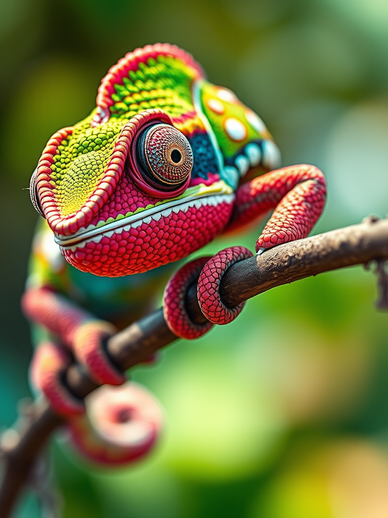 Create a vibrant and detailed illustration of a chameleon on a branch, captured with a DSLR camera at f/2.8 aperture, ISO 100, and a shutter speed of 1/250 sec, using a macro lens to enhance color contrast and texture, in natural daylight for optimal clarity.