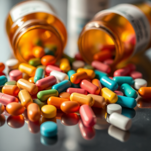 Close-up shot of assorted colorful pills and capsules scattered on a reflective surface with two partially open pill bottles, natural light, aperture f/2.8, shutter speed 1/200s, ISO 100, macro lens, DSLR camera.