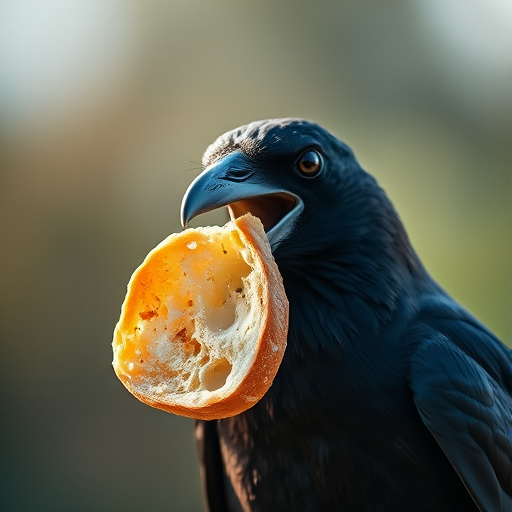 regenerate the image of a crow holding a piece of bread in its beak, captured with a Canon EOS 5D Mark IV, 200mm lens, f/4 aperture, ISO 100, soft afternoon light, shallow depth of field, eye-level view, focus on the bird with a blurred background