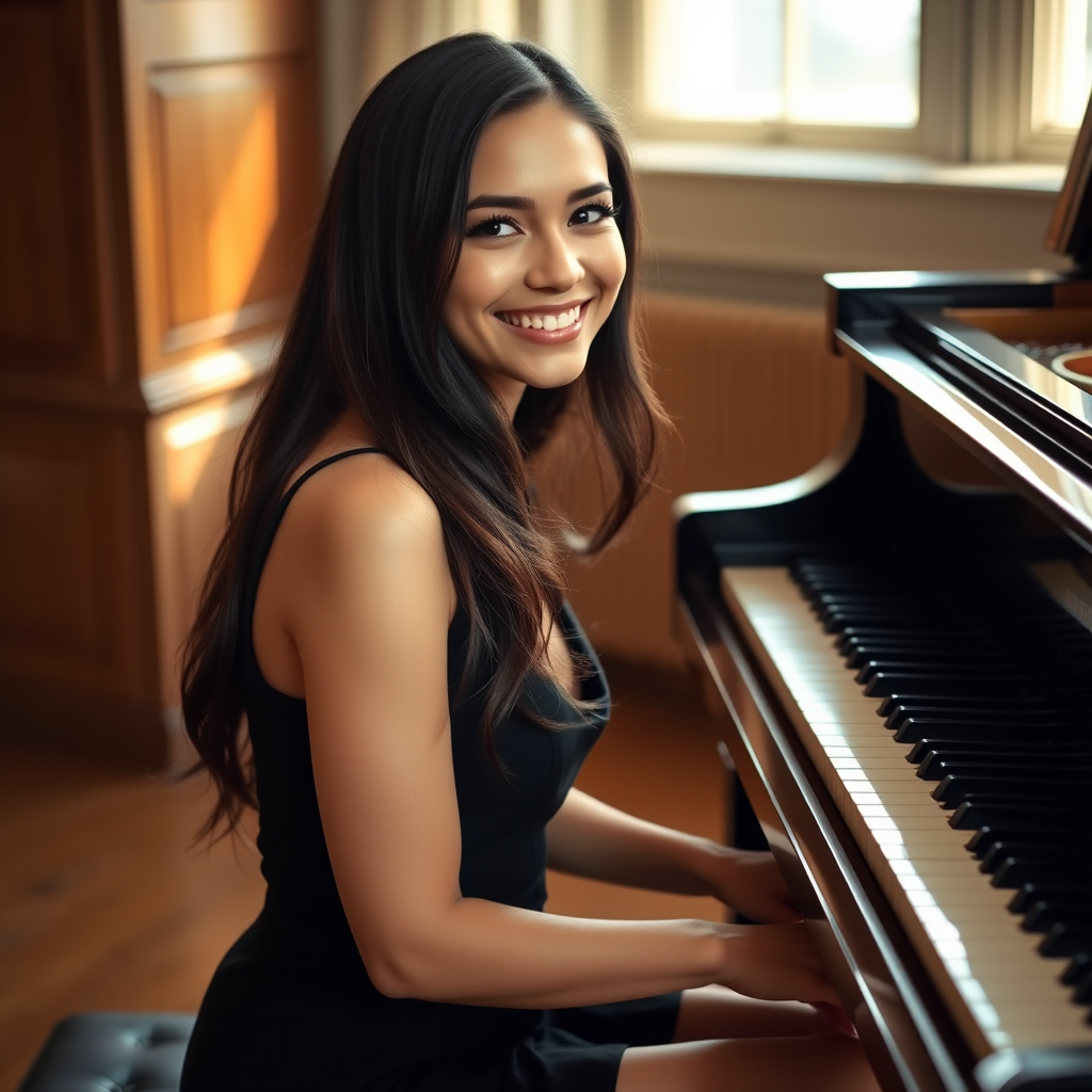A young woman with long, dark hair smiles at the viewer as she sits at a grand piano, her right hand poised over the keys. The scene is lit by warm, natural light, highlighting the elegant simplicity of the woman's black dress. The perspective is from the side, emphasizing the contrast between the woman's delicate form and the grand scale of the piano. The ivory keys and dark wood of the piano create a striking visual contrast, further emphasized by the rich black of her dress.