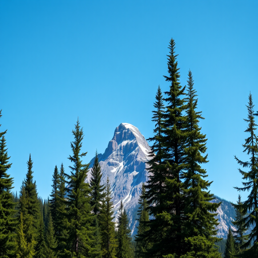 Capture a high-resolution image of a majestic mountain peak surrounded by tall evergreen trees under a clear blue sky, using a DSLR camera with a 50mm lens, aperture set to f/8, ISO 100, and a shutter speed of 1/250 seconds for enhanced depth and clarity.