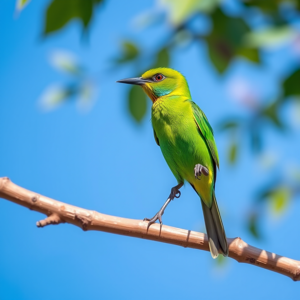 capture a vibrant green bird perched on a tree branch against a clear blue sky, use a DSLR camera with a 200mm lens, aperture f/5.6, ISO 100, shutter speed 1/500s, focus on the bird with a shallow depth of field for a blurred background, bright and vivid colors
