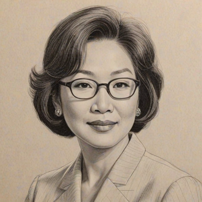 Resplendent Connie Chung, pencil sketch, portrait of Pleasing woman 1933s in glasses, hair style beatnik, outline, clear lines, fine lines, 8k