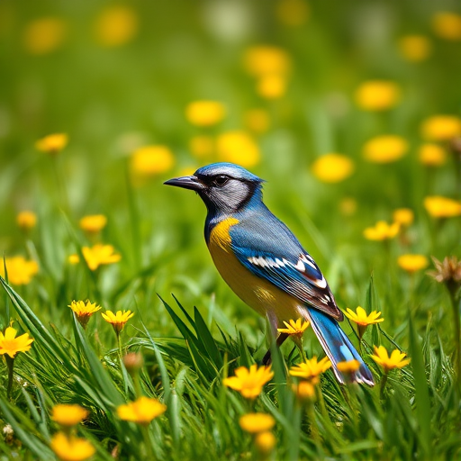 A vibrant jay bird perched on lush green grass surrounded by yellow flowers, captured with a Canon EOS 5D Mark IV in natural light, ISO 400, aperture f/4, shutter speed 1/250, with a shallow depth of field to focus on the bird while softly blurring the background.