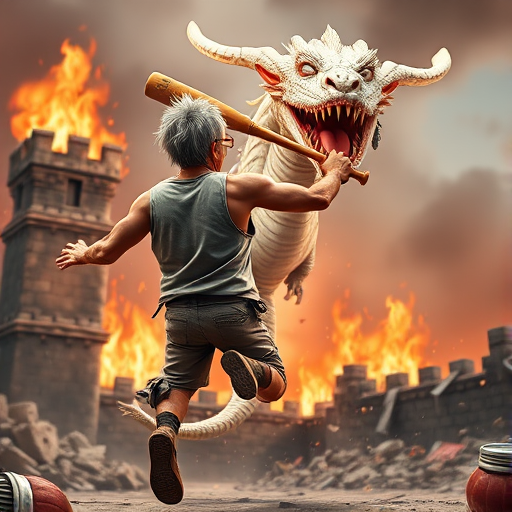 Cartoon 3D High-Resolution,dynamic battle scene using Unreal Engine 5 and Octane Render. The scene features back of an elderly, thai man with a beard,messy hair and round golden-rimmed glasses. He is wearing a tattered tank top with soot marks, shorts, and sandals. sweating. he wields a baseball bat. He jump to fight with a white fire-breathing Europe dragon amidst a partially destroyed stone castle. Include intense flames, smoke, and debris to enhance the dramatic effect.