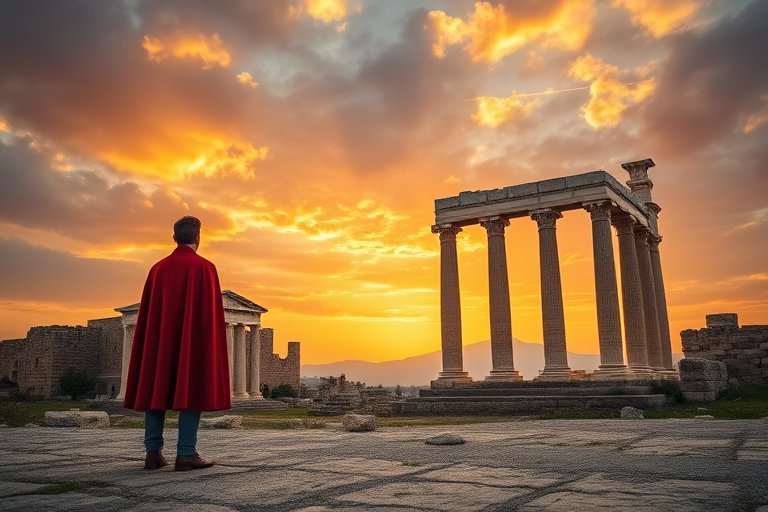 Generate an image of a lone figure in a red cape standing before ancient Greek ruins with majestic columns under a dramatic sky, using a DSLR camera, 24mm lens, f/11 aperture, 1/125 sec shutter speed, and golden hour lighting to enhance the atmosphere and colors.