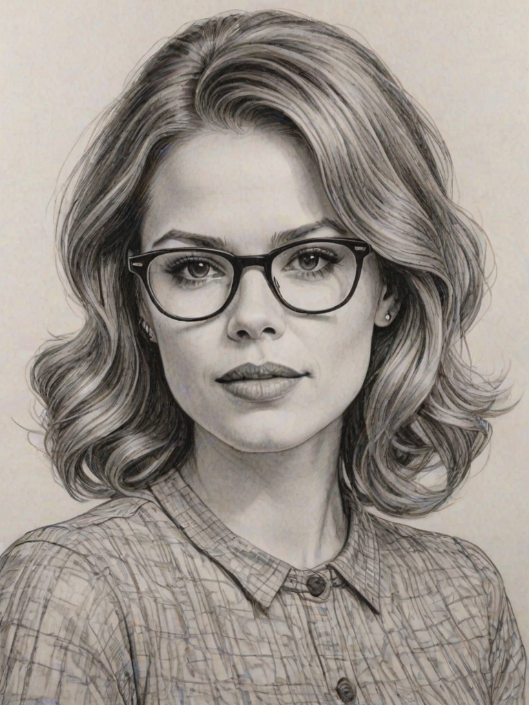 Bewitching Bethany Joy Lenz, pencil sketch, portrait of Stunning woman 1960s in glasses, hair style beatnik, outline, clear lines, fine lines, 8k