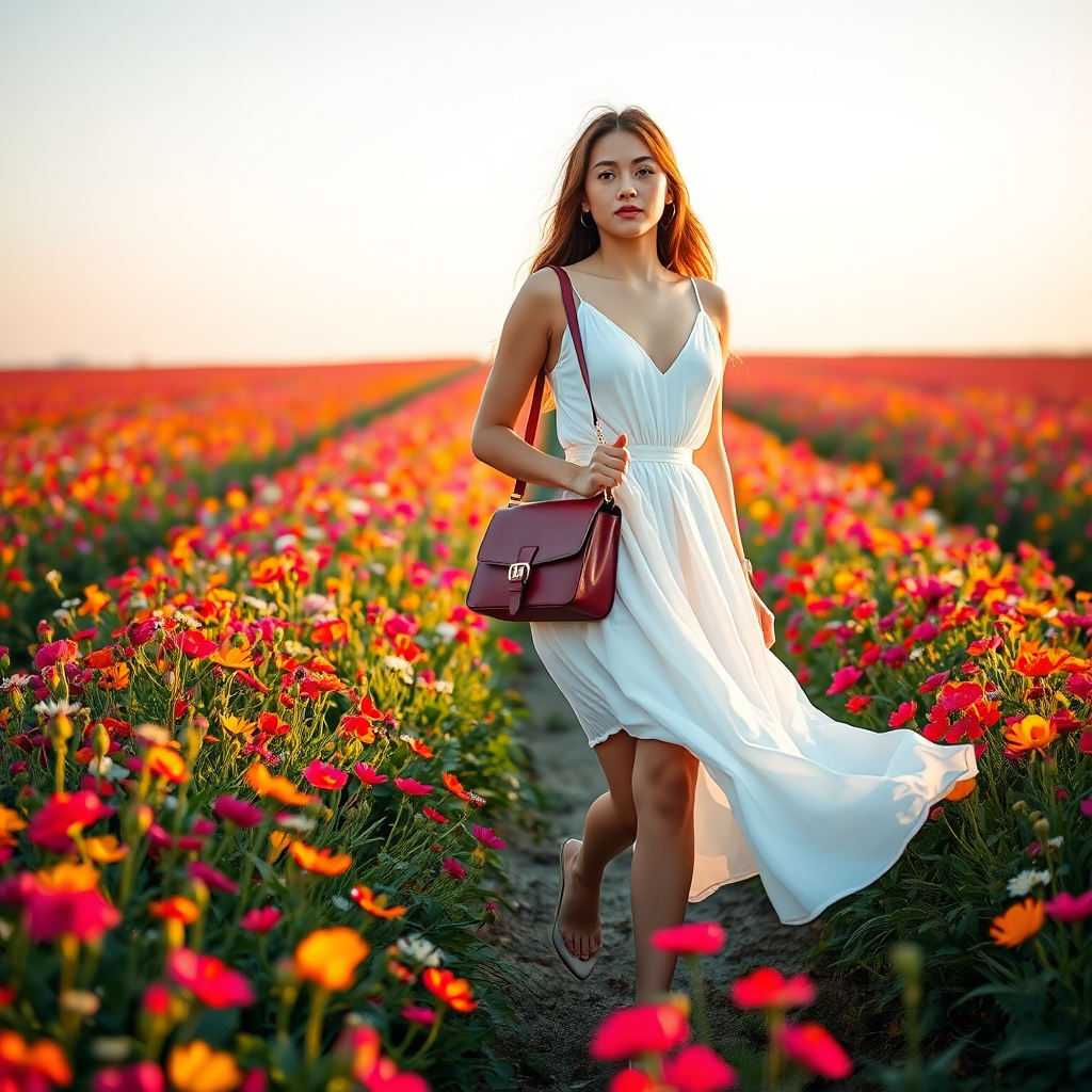 Create an outdoor portrait of a young woman walking through a vibrant flower field, wearing a flowing white dress and carrying a deep red handbag, soft golden hour lighting, Canon EOS R5, 50mm f/1.2 lens, aperture f/1.8, ISO 100, shutter speed 1/200, shallow depth of field, emphasize warm tones and natural textures.