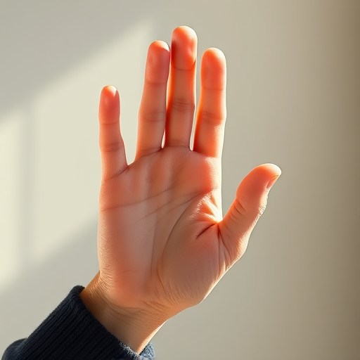 Create an illustration of a human hand gesturing, focusing on realistic skin tones and detailed fingers, captured in natural light with a DSLR camera using a 50mm lens at f/2.8, 1/125s shutter speed, and ISO 100, with a soft focus background.
