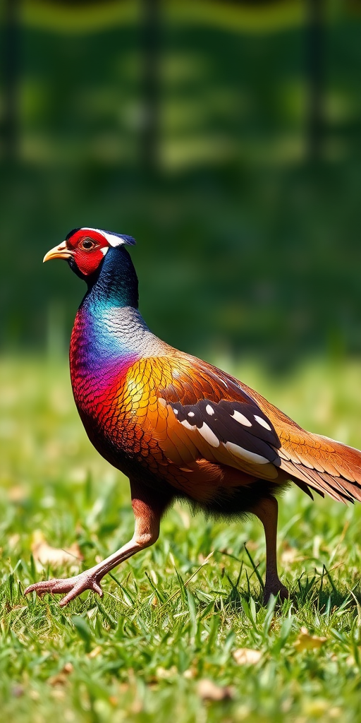A colorful pheasant walking on green grass in bright daylight, captured with a DSLR camera, 85mm lens, f/2.8 aperture, ISO 100, shallow depth of field, side view for detailed feather texture.