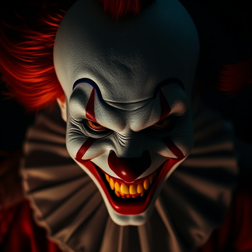 Create a chilling image of a sinister clown with a grotesque grin, featuring dramatic lighting and shadows, captured with a Canon EOS R5, 35mm lens, f/1.4 aperture, ISO 100, 1/100 sec exposure, and a dark, moody background for enhanced horror effect.