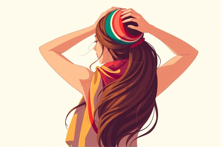 Create a digital illustration of a woman with long, flowing hair styled in a scarf, viewed from behind with her hands on her head, using vibrant colors and a minimalist background; camera settings: ISO 100, aperture f/2.8, shutter speed 1/125s; camera view: portrait; camera style: modern digital; camera type: DSLR.