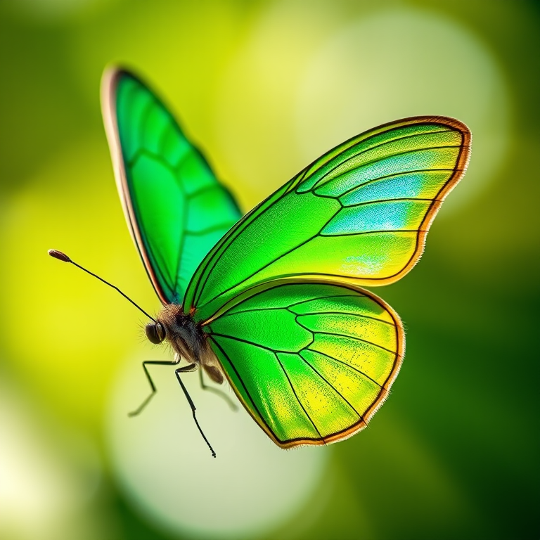 close-up of a vibrant green butterfly with iridescent wings, soft focus background with radial blur, natural lighting, aperture f/2.8, shutter speed 1/200s, ISO 100, macro lens, DSLR camera