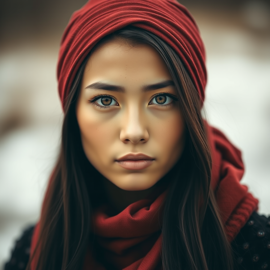 Create a portrait of a young Metis woman with long, dark hair and captivating hazel eyes. She is wearing a red headscarf and a matching scarf draped gracefully around her neck. The background is softly blurred, focusing attention on her serene and natural expression. The overall color palette is muted and warm, enhancing the intimate and authentic feel of the portrait.