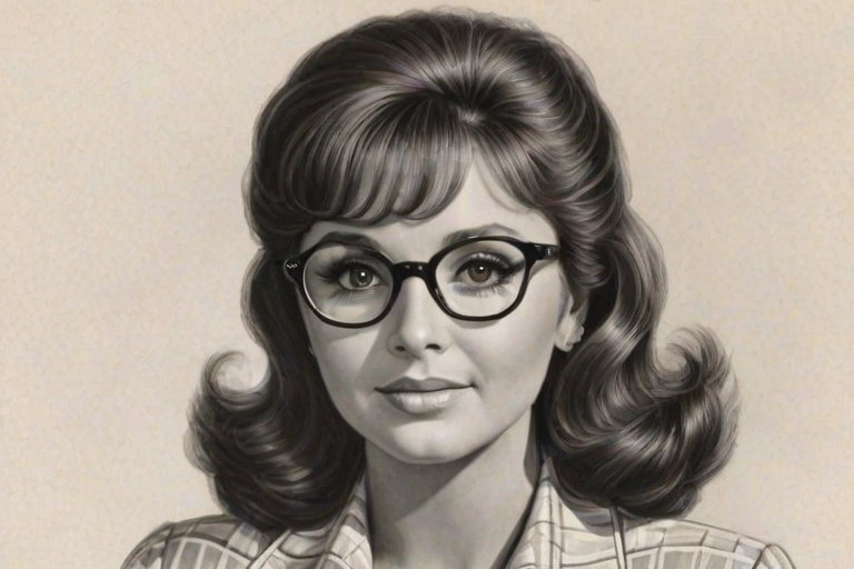 Ravishing Dawn Wells, pencil sketch, portrait of Lovely woman 1933s in glasses, hair style beatnik, outline, clear lines, fine lines, 8k