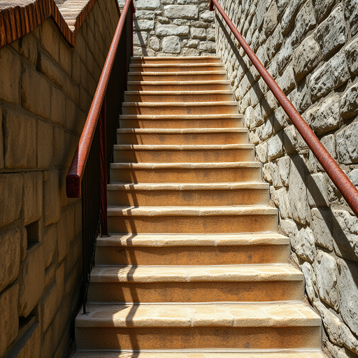 Create a high-resolution image of a worn stone staircase with rusted metal railings, captured in natural light, using a DSLR camera, 24mm lens, aperture f/8, shutter speed 1/125s, ISO 100, straight-on view to emphasize depth and texture.