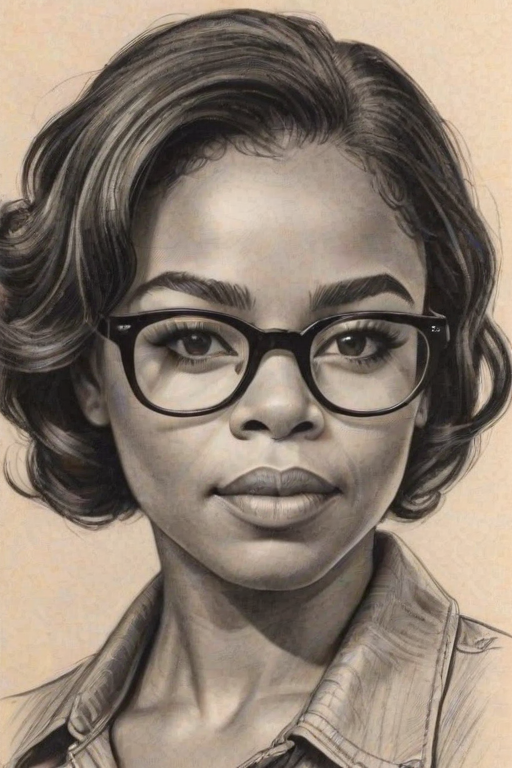 Enchanting Regina Hall, pencil sketch, portrait of Wonderful woman 1945s in glasses, hair style beatnik, outline, clear lines, fine lines, 8k