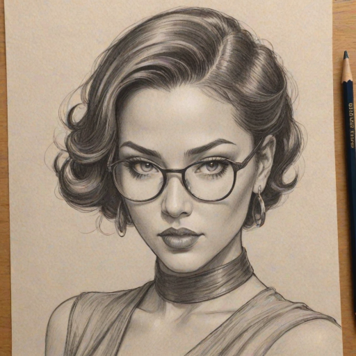 Enchanting Kitana Kiki Rodriguez, pencil sketch, portrait of Stunning woman 1932s in glasses, hair style beatnik, outline, clear lines, fine lines, 8k